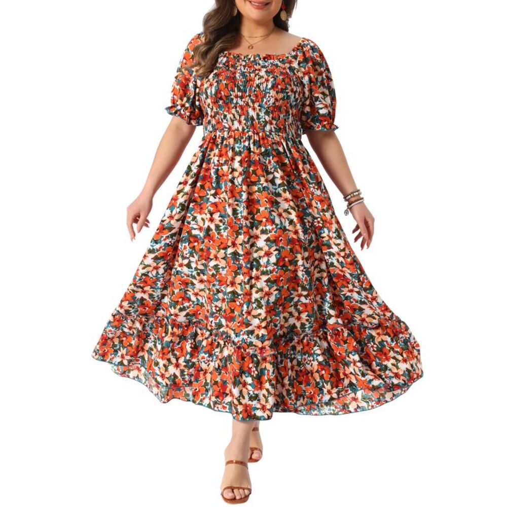 Plus Size Dress for Women Shirred Square Neck Floral Maxi Long Dresses Red
